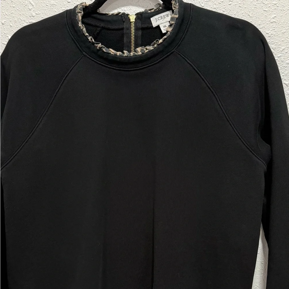 J. Crew Black Crewneck Sweatshirt with Leopard-Edge Trim XL‎